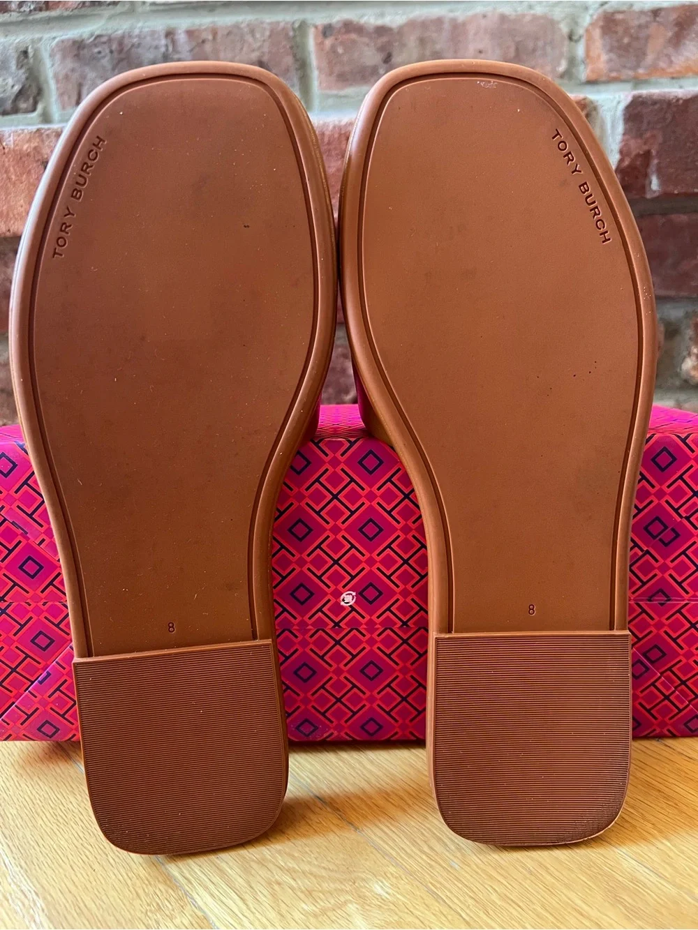 Tory Burch Tan Miele & Gold Leather Double T Sport Slide Sandals